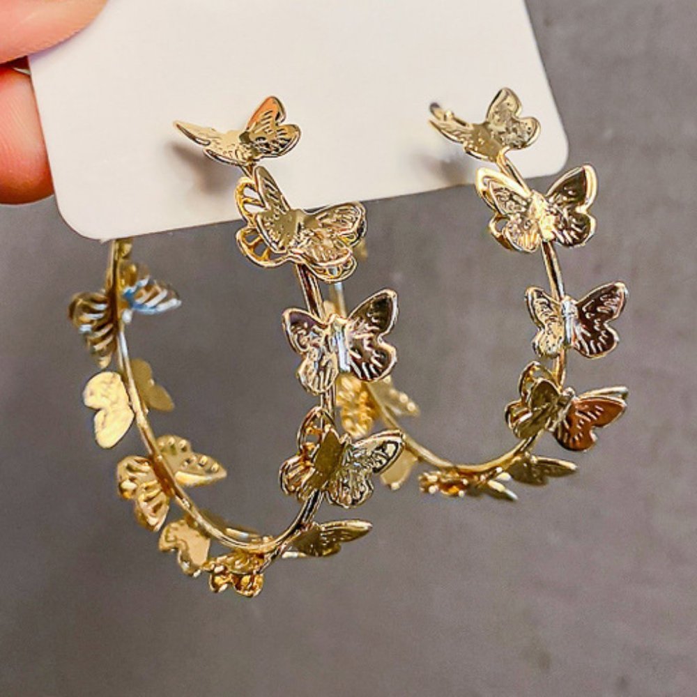 NEW 1.75'' Gold Multi Butterfly Hoop Earrings - Picture 5 of 6
